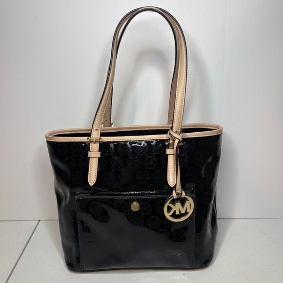 Michael Kors Black Tan Patent Leather Monogram Tote Shoulder Bag Womens Designer - Picture 1 of 11